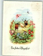 Biene vermenschlicht Pfingsten sign. HS Maikäfer 1961 Künstlerkarte