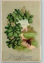 Pfingsten Blätter mit Blüten Maikäfer 1909 Prägedruck