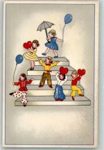 Serie 1061-1 Wichtel Kinder Luftballons Herzen Comic Künstlerkarte