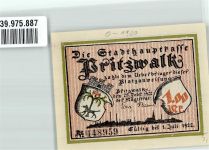 16928 O1920 Pritzwalk 1922 Notgeldschein Stadthauptkasse Platzanweisung über 1.00 Mark