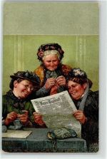 Frau Zeitung Stricken Künstlerkarte