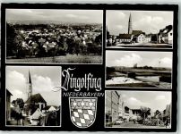 84130 W8312 Dingolfing Foto AK Kirche Straße Auto Wappen