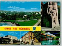97204 W8706 Höchberg Foto AK Kriegerdenkmal Schwimmbad Rathaus Mainlandhalle