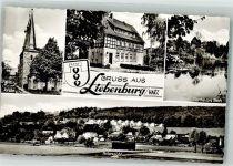 38704 W3384 Liebenburg Foto AK Kirche Kreis-Sparkasse Teich Panorama des Ortes