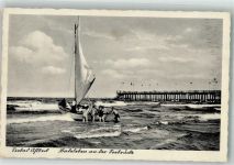 17375 O2111 Ahlbeck 1938 Foto AK Schwimmbad Strand Segelboot