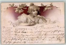 Junge Frau grübelt beim schreiben eines Briefes Liebesbrief 1899 Lithographie / Künstlerkarte
