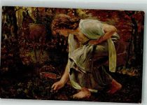 sign. Neuhaus Im Wald Beeren sammelnde junge Frau mit einem Reh Nr. 92 E. A. Seemann Künstlerkarte