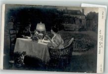 sign. Alberti H. Sommerabend Katze Salon de 1908 Nr. 2722 gedeckter Tisch Künstlerkarte