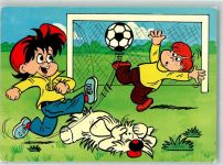 Ein Hund mit zwei Kindern die Fußball spielen Humor Sport-Billy Fußball Künstlerkarte