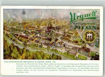 Plzen Pilsen Vogelschau des Bürgerlichen Bräuhauses Urquell Künstlerkarte Karte gelocht Brauerei Gebrauchsspuren