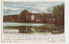 Berlin Wilmersdorf, Grunewald, Lithographie mit Jagdschloss gelaufen von 1900. Gute Erhaltung.