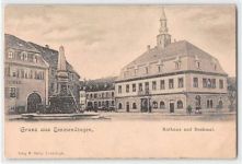 Emmendingen. Rathaus und Denkmal ungelaufen kleiner Knick oben links und rechts und am Rand unten, leicht abgerundete Ecke n, sonst gut erhalten