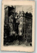 W1000 Berlin Mitte Schloss Grüner Hut vom Spreeufer Radierung Künstlerkarte