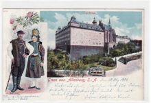 Altenburg mit Schloss und Trachtenpaar gelaufen von 1901. Leichte Stempelspuren, kleiner Riß am Rand oben, sonst gut erhalten.
