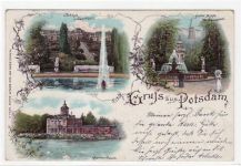 Lithographie Gruss aus Potsdam. Schloss Sanssouci historische Mühle bei Sanssouci Marmor-Palais. Postalisch gelaufen 1899. Gute Erhaltung.
