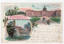 Lithographie Gruss aus Potsdam. neue Palais Friedenskirche Mausoleum. Postalisch gelaufen 1904. Kleine Knicke an den Ecke n oben links und unten rechts. Vorder- und Rückseite leicht stockfleckig.