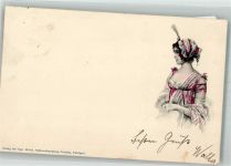 Eine elegante junge Frau Hutmode Verlag Freytag Adelskorrespondenz Fächer Lithographie / Künstlerkarte