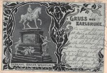 Karlsruhe, Lithographie. Denkmal Kaiser Wilhelm I gelaufen. Leicht bügig, leicht fleckig, sonst gut erhalten