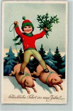 Neujahr Kind reitet die Schweine AK Schwein