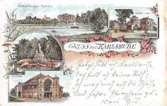 Karlsruhe, Lithographie. Stadtgarten Festhalle gelaufen. Ecken mit Albumabdrücken, leichter Schrift- und Stempeldurchdruck, sonst gut erhalten