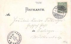 Karlsruhe, Lithographie. Stadtgarten Festhalle gelaufen. Ecken mit Albumabdrücken, leichter Schrift- und Stempeldurchdruck, sonst gut erhalten