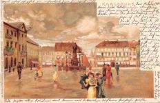 Karlsruhe, Lithographie. Marktplatz gelaufen. Rückseite leicht fleckig, leichter Schrift- und Stempeldurchdruck, leichte Eckabschürfungen, sonst gut erhalten