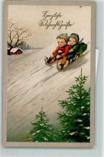 Kinder Rodelpartie Weihnachten AK Schlitten Lithographie