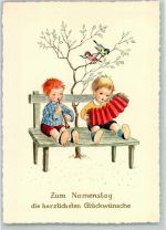 Kinder Flöte Vögel Glückwunsch AK Ziehharmonika 1965 Künstlerkarte