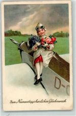 Pilotin mit Rosen Namenstag AK Glückwunsch Flugzeug 1935 Künstlerkarte