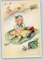 Kind sitzt auf einem Seerosenblatt sign. L.W. AK Frosch Künstlerkarte