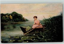 In Gedanken vertieft Frau Boot sign.A.Hansa Nr.180 Amag Künstlerkarte