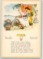 sign.Porstner Eva Stier Paar Mandoline Spruch Nr.1032 Sternzeichen Künstlerkarte