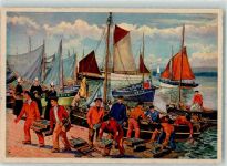 Fischer Fischerboot Tracht Hafen sign. Motiv Frankreich Künstlerkarte