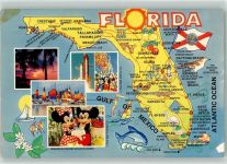 Orlando Künstlerkarte Landkarte Atlantik Ozean Golf von Mexico Segelboot Mickey Minnie Mouse Orange Blossoms Rakete Raumfahrt Ort lt. Stempel