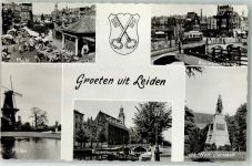 2311 Leiden 1960 Foto AK Denkmal van d. Werf Straßenbahn Windmühle Marktplatz