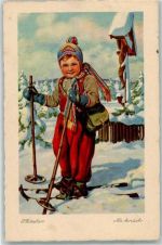 Kind auf Ski sign. Zdeslav Na horach Ski Künstlerkarte