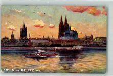 50667 W5000 Köln Deutz 105 1912 Künstlerkarte Köln von Deutz aus Kölner Dom Boot