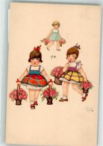 Nr. 2098 Kinder Mädchen Blumen in Körben Primus Lithographie