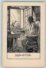 sign. Schaefer, Rudolf Mutter blickt auf und schaut ihrem Sohn hinterher Stiftungsverlag Buch lesen Künstlerkarte