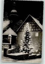 95028 W8670 Hof , Saale Foto AK Weihnachtsabend Winter Schnee Weihnachtsbaum Beleuchtung Nacht Kirche