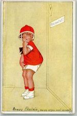 Kind kneift vor der besetzten Toilette die Beine zusammen Verlag Neue Meister Nr. 367 Spark, Ch. Künstlerkarte