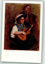 sign. Klaber Fern der Heimat Mann und Frau in Tracht musizieren mit Gitarre Wiener Kunst B.K.W.I. Nr. 1571 Ziehharmonika Künstlerkarte