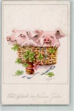 sign.Bauer H. Neujahr Korb Klee Kunstverlag Berhard Sporn K 3/70 Schwein Künstlerkarte