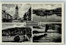 94469 W8360 Deggendorf Foto AK Luitpoldplatz Raddampfer Frachtkahn Donau Abendstimmung