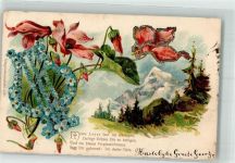 mit Glimmer/Glitzerauflage Leier Alpenveilchen Spruch Vergissmeinnicht Lithographie