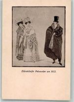 Frauen und ein Mann in eleganter Düsseldorfer Kleidung aus dem Jahre 1813 Karte beschnitten Pelzmode Gebrauchsspuren