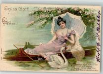 Frau Ruderboot Blumen Spruch E.B.C.i.B. Nr.9207 Schwan 1900 Lithographie