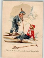 Kinder auf Ski Neujahr VEB Verlag Ski Künstlerkarte