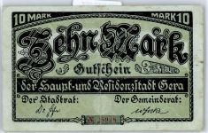 Notgeld 10 Mark , Gera Geld auf AK