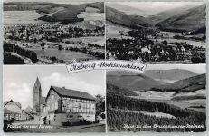 59939 W5787 Olsberg - Partie an der Kirche, Café Müller, Blick zu den Bruchhauser Steinen